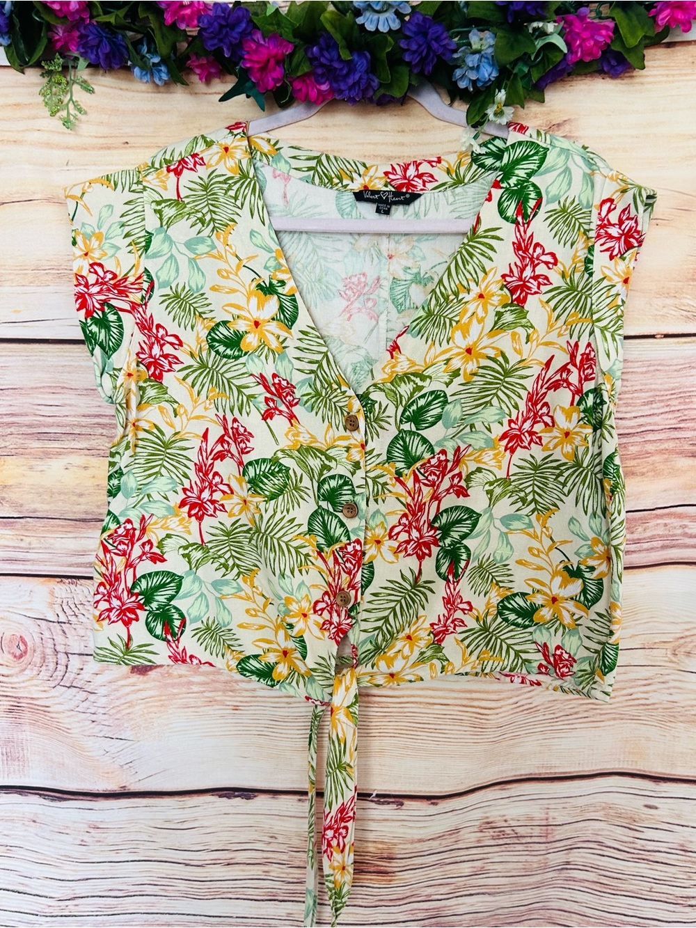 Velvet Heart Linen Blend Tropical Floral V-Neck Button Up Tie-Front Crop Top L
